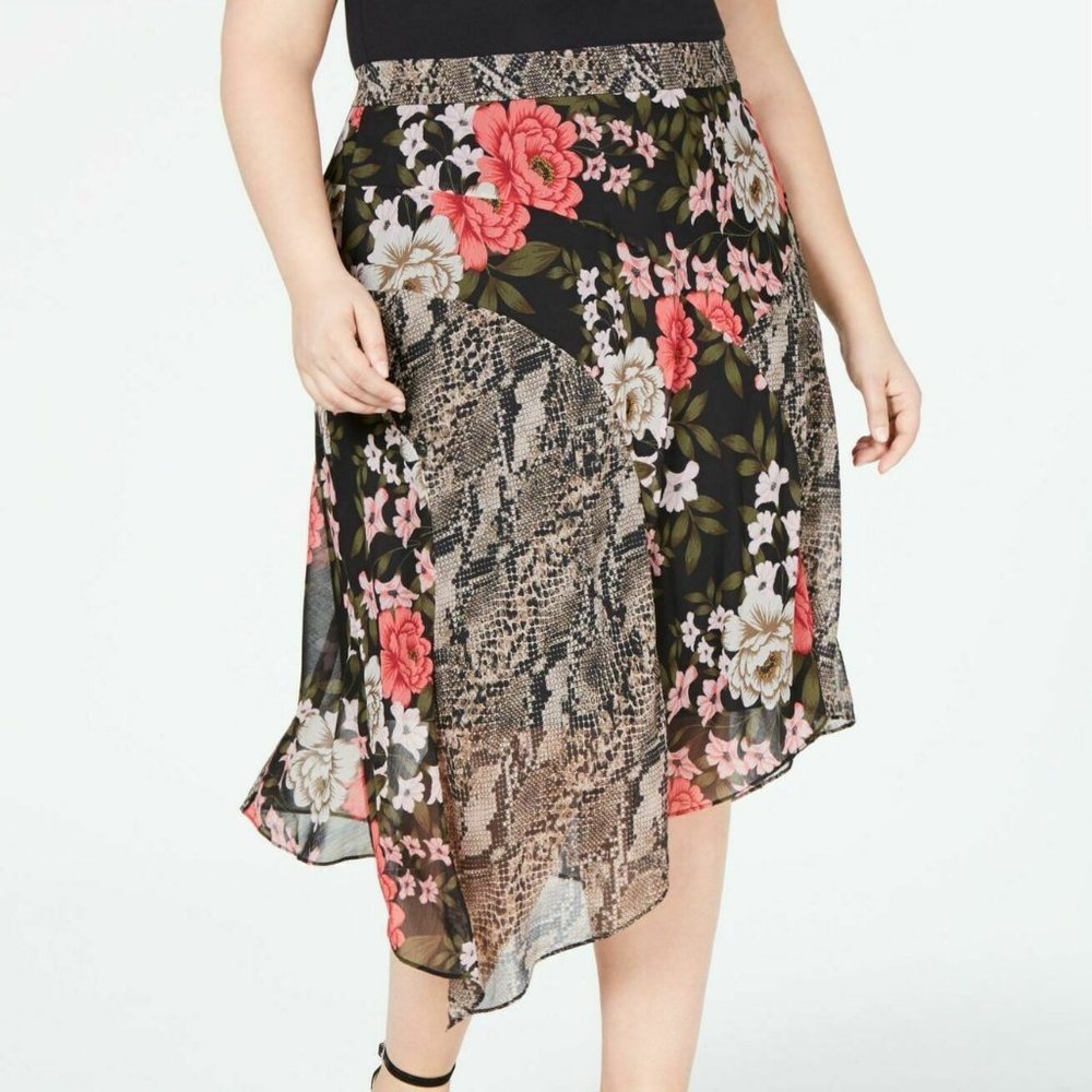 INC women's floral blossom snakeskin print asymmetric lightweight chiffon skirt